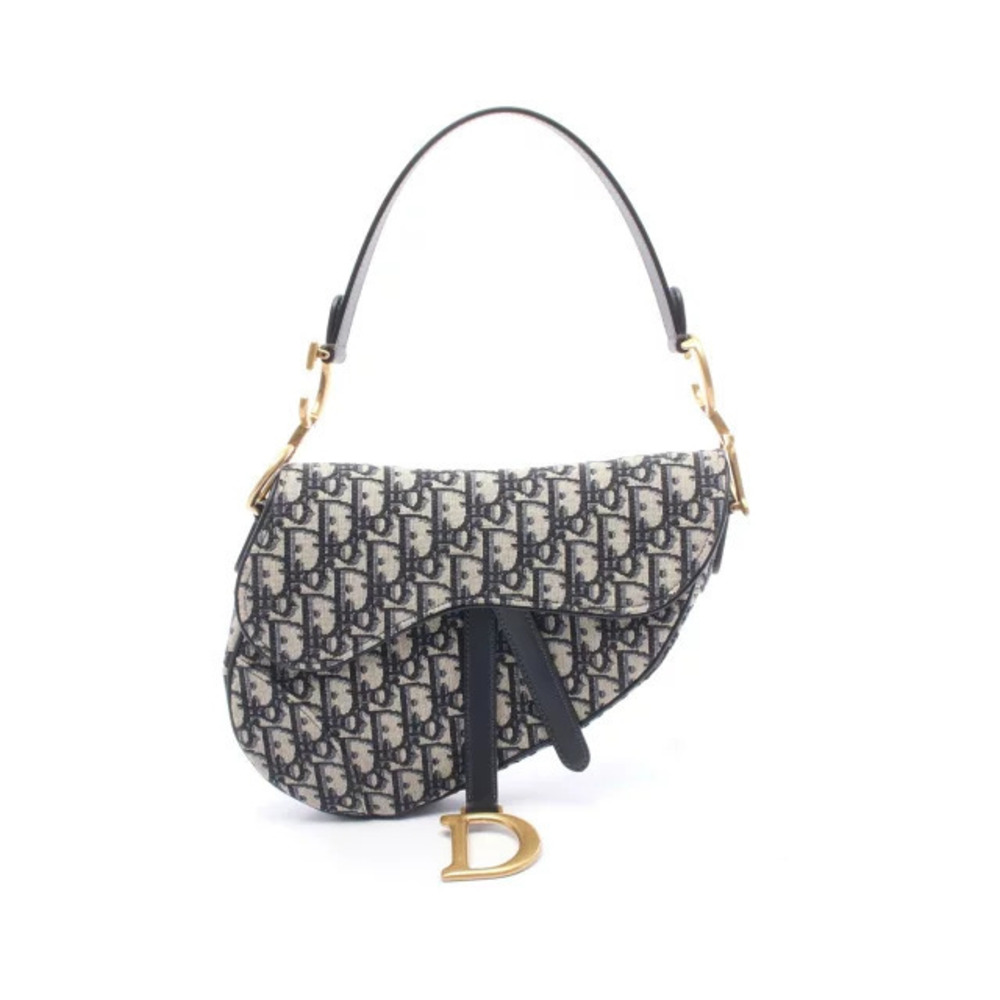 Christian Dior Saddle Bag Oblique Handbag Canvas Leather Navy Blue Beige Cream